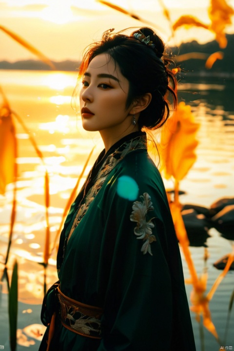 a woman standing in front of a body of water, a picture, by Zhang Han, trending on cg society, ornate dark green clothing, with sunset, closeup portrait shot, taken in 2 0 2 0, wind kissed picture, sakimichan hdri
