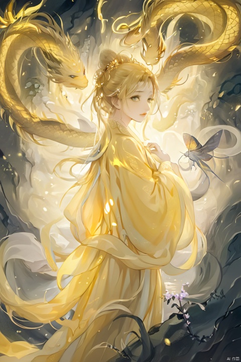  (anime art: 1.21), (dragon: 1.1), (dragon in background: 1.21), 1girl with wings on back, looking at viwer, snake eyes, (yellow theme: 1.5), (monochrome: 1.1), (ethereal beauty: 1.4), (captivating lighting: 1.2), (ethereal aura: 1.3), (mysterious ambiance: 1.2), (thunder in the distance: 1.2), (fantasy art: 1.3), (ethereal scene: 1.3), , masterpiece,best quality,8k,insane details,intricate details,high detail,((masterpiece)), ((best quality))