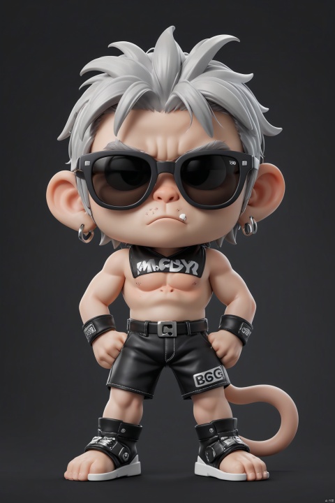 (best quality, 8K, high resolution, masterpiece), ultra detailed, (3D CGI), black sunglasses, trendy, fashionable, silver and black stylized angry muscle monkey on a black background, countryside advertising, winning photo,chibi,