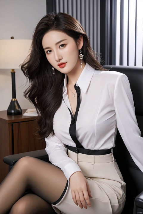  (upper body:1.3), liuyifei,flowers,masterpiece, best quality, ultra-detailed, ultra high res,8k, (photorealistic:1.2), RAW photo, extremely detailed, 1 girl, (18_years_old),(172cm tall), (((elegant))), (round face:1.3), (long hair), black hair, curly hair, seductive smile, beautiful detailed eyes, beautiful detailed face,(white shirt),suit jacketlexious,necklace,diamond ring,bracelets,earrings, large breasts, slender waist, long legs,thick legs,plump,strong abs,(high heels:1.3),(pantyhose:1.3),(in the office),sitting on a chair,cross legs,lighting on face, bright back lighting, liu yifei, Professional