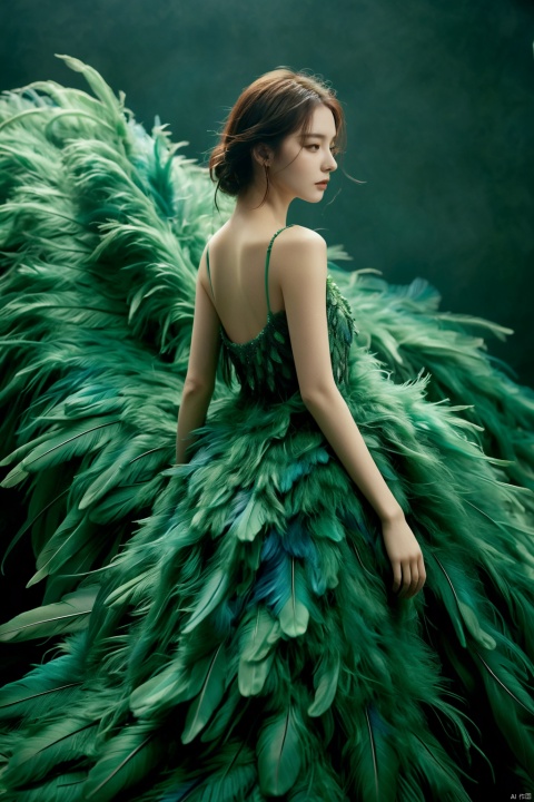  1girl,a gorgeous long dress made of feathers,green feather,huge feathers,complex background,beautiful background,(feathers everywhere:1.3),depth of field level,