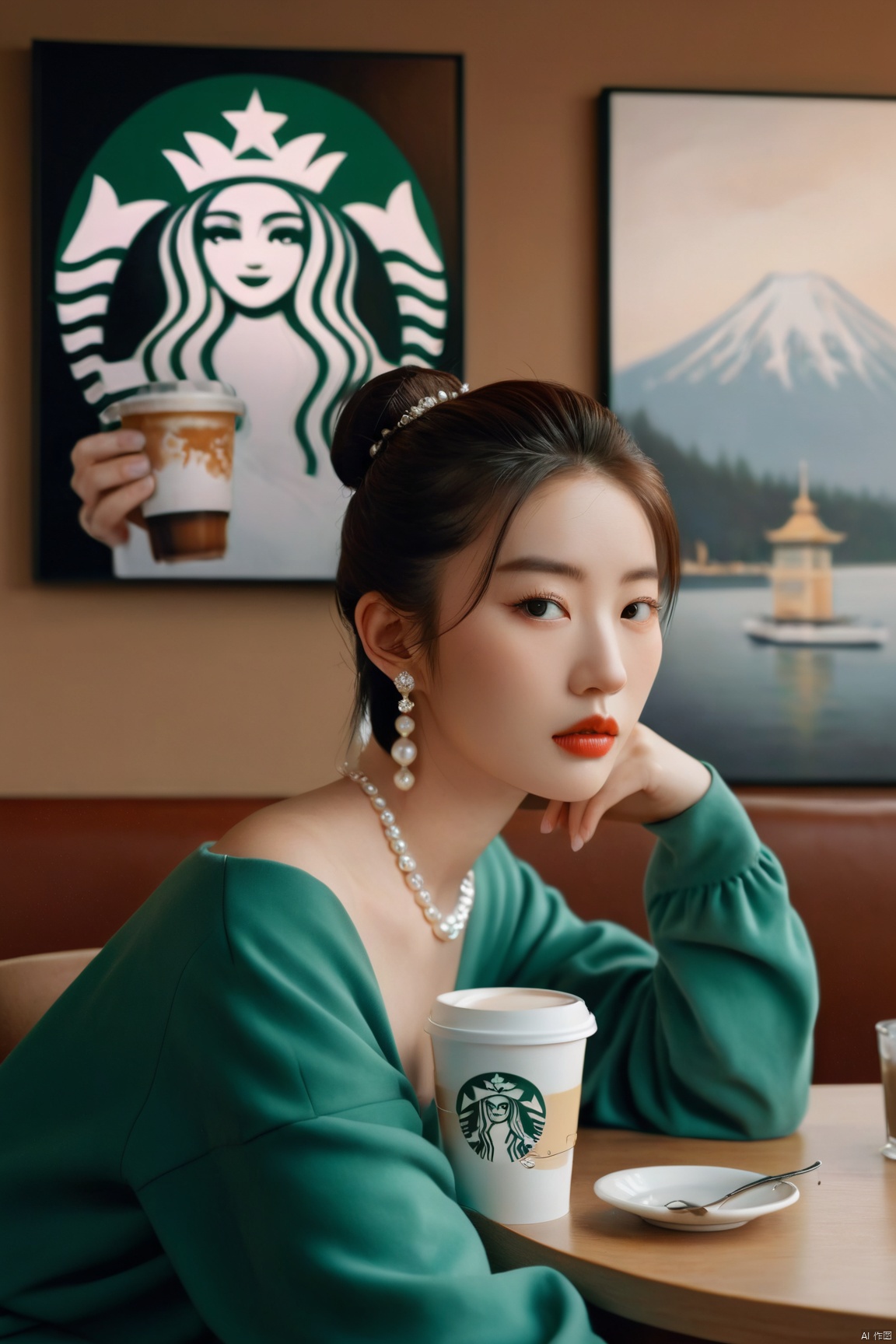  a woman sitting at a table with a cup of coffee, a photorealistic painting, inspired by Elsa Bleda, trending on pexels, realism, girl with a pearl earringl, starbucks, in a high renaissance style, portrait of a japanese ****, fashion shoot 8k, in thomas ruff style, liu yifei