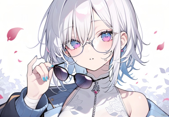  (best quality), ((masterpiece)), (highres), illustration, original, extremely detailed, 1girl, looking at viewer, parted lips, white hair, bandages, petals, white background, holding, upper body, sunglasses, jewelry, simple background, holding eyewear, nail polish, jacket, glasses, bandaged arm