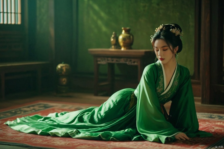  professional 3d model cinematic still a girl in green hanfu,laying down,indoors. emotional, harmonious, vignette, 4k epic detailed, shot on kodak, 35mm photo, sharp focus, high budget, cinemascope, moody, epic, gorgeous, film grain, grainy. octane render, highly detailed, volumetric, dramatic lighting, advanced light, magical, atmosphere, beautiful, great composition, dynamic, ambient, lively, intricate, full color, perfect background, best, created professional, vivid, creative, positive, joyful, unique, awesome, aesthetic, pure, symmetry, clear, artistic, surreal, inspired, whole colors, illuminated, extremely colorful, iconic