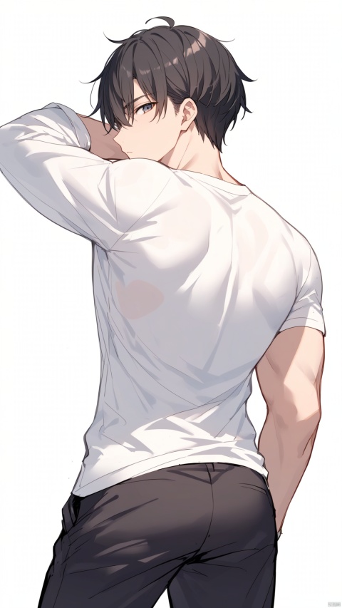  1boy, male focus, solo, black hair, looking back, back, from behind, short hair, undressing, shirt, white background, muscular, muscular male, white shirt, looking at viewer
