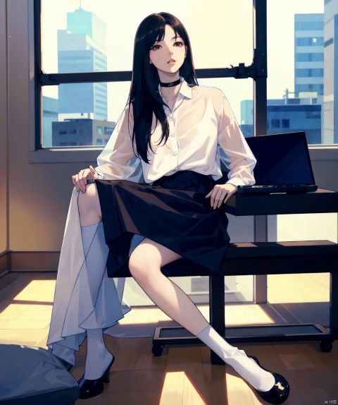 Correct scale,(Asian Girl),beautiful 18 year old girl, 1girl, solo, (long hair,(black hair)), looking at laptop, skirt, shirt, long sleeves,(brown eyes), sitting,((white shirt),see-through), pantyhose, parted lips, choker, socks, collared shirt, indoors,(black skirt),(black pantyhose), computer, laptop,(pale skin), impactful visuals, sense of space, best quality, super detailed, photo like image quality, colorful painting,masterpiece, best quality,((high saturation)),((ultra-detailed)), crossed legs, office,huge window on the back, Outside the window is the Cyberpunk city