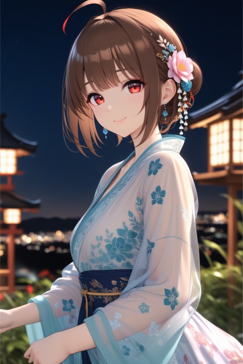  (masterpiece),(best quality),illustration,ultra detailed,hdr,Depth of field,(colorful),mmd,night,1girl,solo,red eyes,looking at viewer,hair ornament,short hair,upper body,brown hair,blurry,ahoge,bangs,see-through,depth of field,hanfu,smile,floral print,closed mouth,