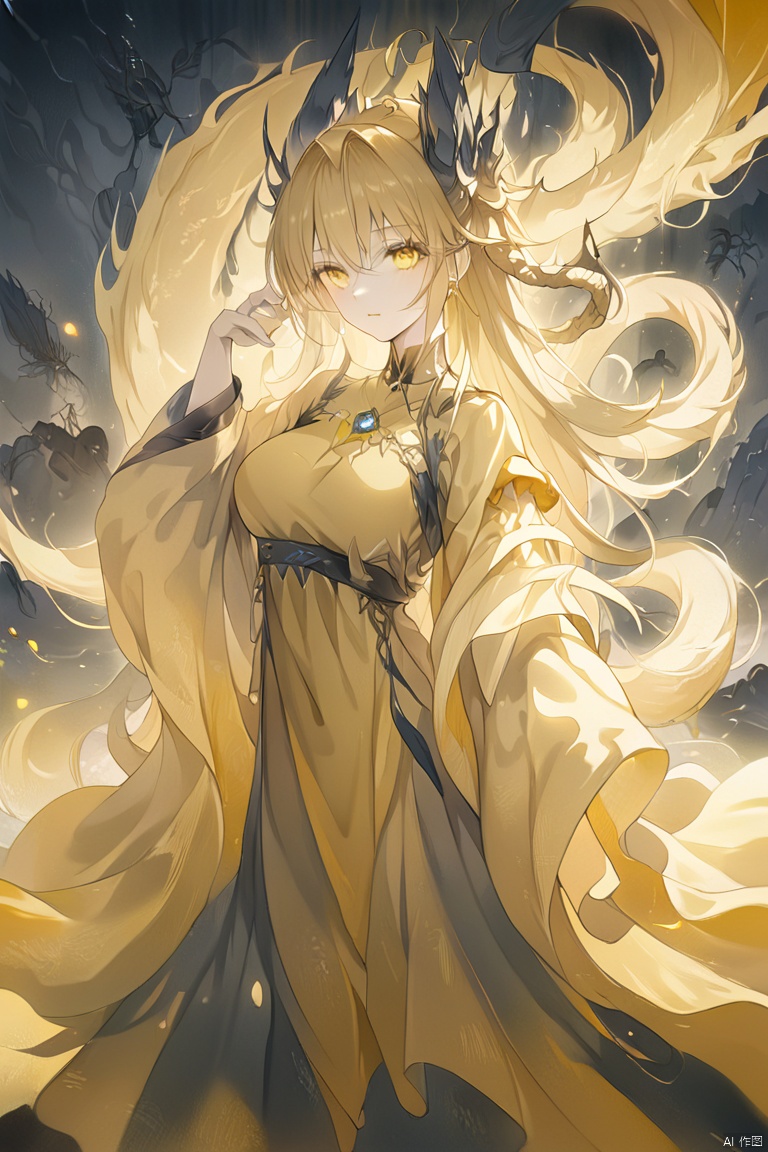  (anime art: 1.21), (dragon: 1.1), (dragon in background: 1.21), 1girl with wings on back, looking at viwer, snake eyes, (yellow theme: 1.5), (monochrome: 1.1), (ethereal beauty: 1.4), (captivating lighting: 1.2), (ethereal aura: 1.3), (mysterious ambiance: 1.2), (thunder in the distance: 1.2), (fantasy art: 1.3), (ethereal scene: 1.3), , masterpiece,best quality,8k,insane details,intricate details,high detail,((masterpiece)), ((best quality))