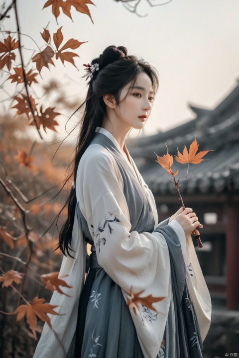  Fashion editorial style a asian girl with hanfu ruqun,Jin style, joint brand, ribbon, Withered leaves, old vines, plant illustration, splash ink,High fashion, trendy, stylish, editorial, magazine style, professional, highly detailed, cinematic lighting, Dramatic lighting, liuyifei
