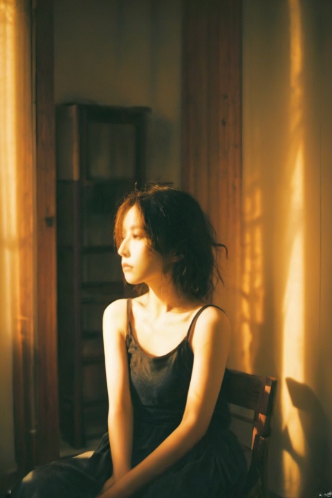  best quality,film grain,1girl, candlelight, moody lighting, dark atmosphere, black tank top, seated, wooden chair, contemplative expression, indoors, night, shadows, window blinds, soft focus, warm color tones, vintage look, young *****, serene, elegant, mysterious