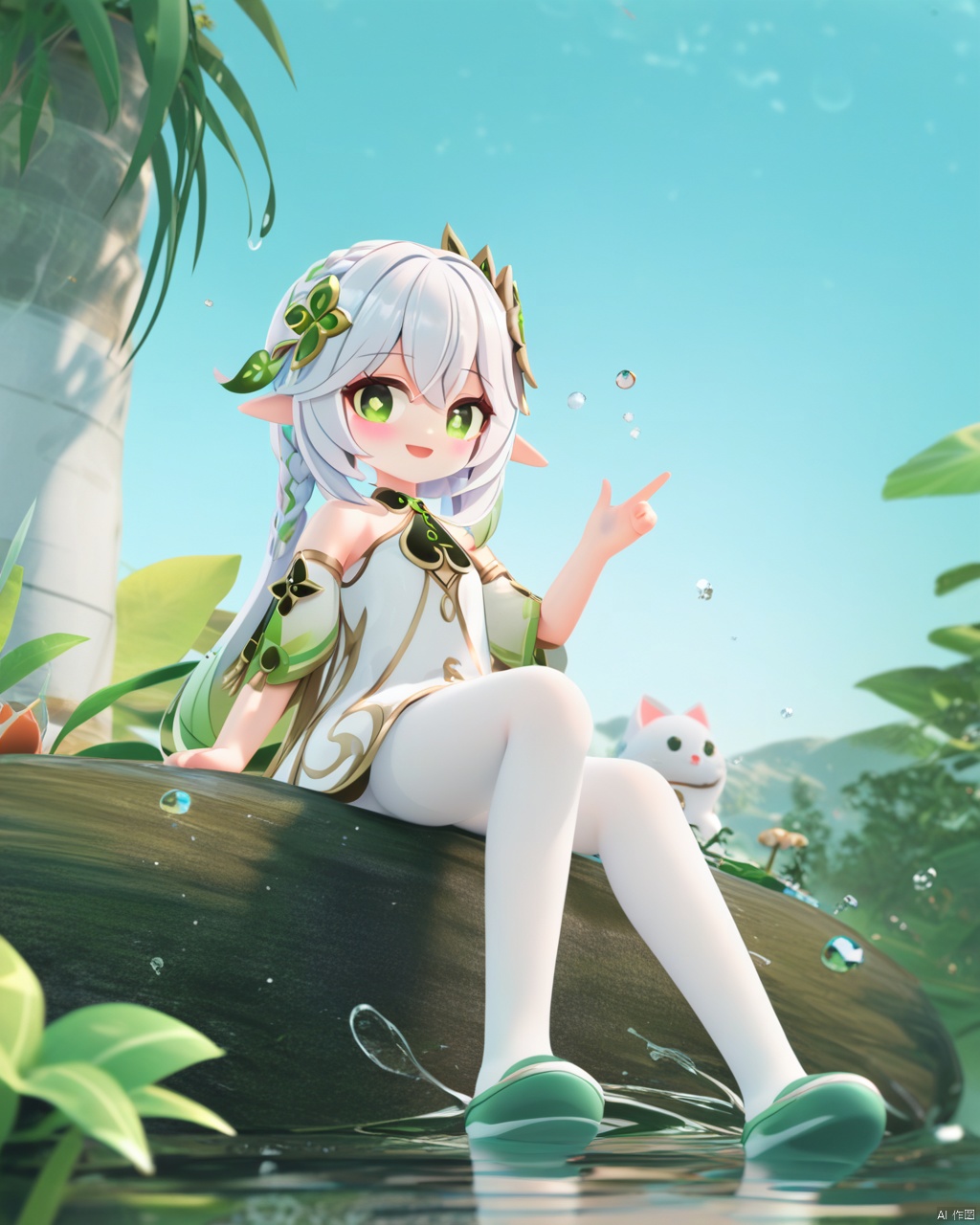  chen bin, mmd style, 1girl, nahida (genshin impact), solo, green eyes, pointy ears, side ponytail, symbol-shaped pupils, hair ornament, looking at viewer, white hair, bangs, smile, multicolored hair, long hair, blush, dress, gradient hair, hair between eyes, open mouth, braid, plant, mushroom, detached sleeves, green hair, white dress, :d, sidelocks, bare shoulders, outdoors, cross-shaped pupils, sitting, sleeveless, leaf hair ornament, sleeveless dress, blurry, white pantyhose, hand up, nature, jewelry, knee up, water drop, Character