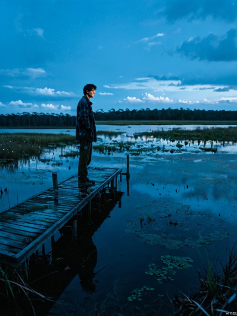  ink splashes, drips, surreal, a man standing on a dock in swampy wetlands, at a distance, moonlit, lonely,
