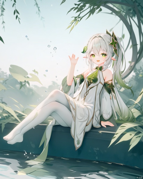  chen bin, mmd style, 1girl, nahida (genshin impact), solo, green eyes, pointy ears, side ponytail, symbol-shaped pupils, hair ornament, looking at viewer, white hair, bangs, smile, multicolored hair, long hair, blush, dress, gradient hair, hair between eyes, open mouth, braid, plant, mushroom, detached sleeves, green hair, white dress, :d, sidelocks, bare shoulders, outdoors, cross-shaped pupils, sitting, sleeveless, leaf hair ornament, sleeveless dress, blurry, white pantyhose, hand up, nature, jewelry, knee up, water drop