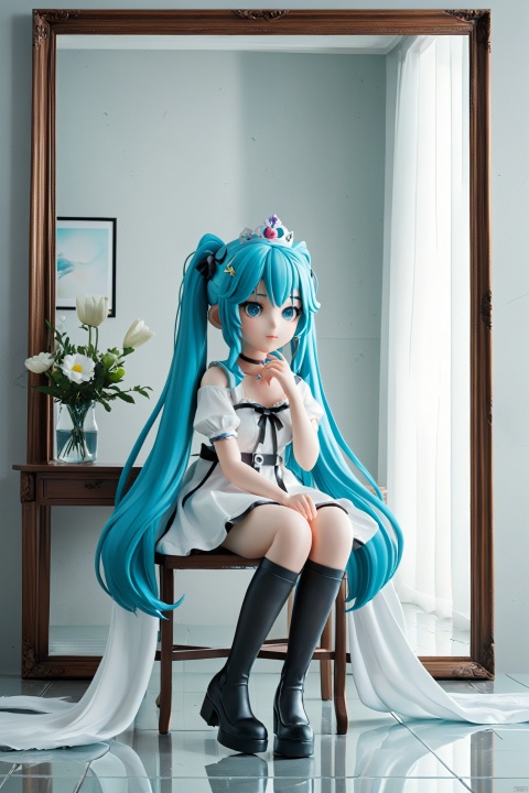  1girl, solo, long hair, looking at viewer, blue eyes, thighhighs, dress, ribbon, twintails, sitting, very long hair, blue hair, full body, flower, short sleeves, black thighhighs, white dress, aqua eyes, black ribbon, aqua hair, crown, checkered floor, hatsune miku, (masterpiece), (best quality), illustration, ultra detailed, hdr, Depth of field, (colorful), (reflection light), incredibly absurdres, (Movie Poster), clear boundaries of the cloth,