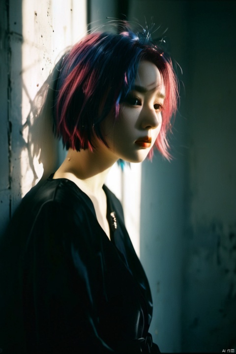  depressed, portrait of 1girl by Bill Henson, depressed, ruins, shadows, dramatic lighting, sunset, contemporary, dark, expressionism, dystopia, industrial,Half bodysliver gradient Short hair,(sliver hair:1.1),(light blue hair:1.1),(pink hair:1.2), hubg_jsnh, sunlight, monkren