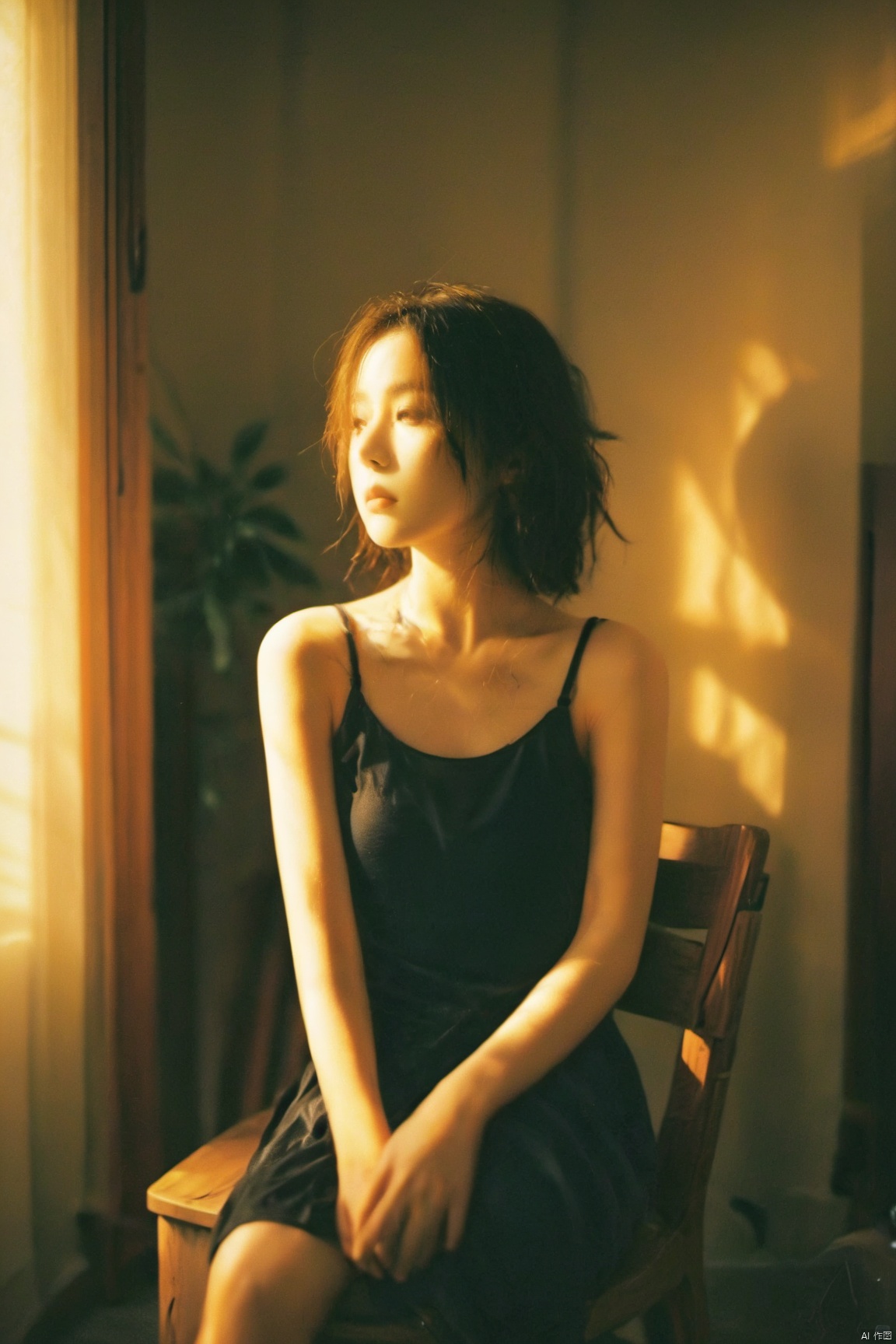  best quality,film grain,1girl, candlelight, moody lighting, dark atmosphere, black **** top, seated, wooden chair, contemplative expression, indoors, night, shadows, window blinds, soft focus, warm color tones, vintage look, young *****, serene, elegant, mysterious