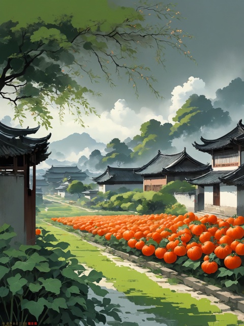  Guomang, Feng Zikai, textbook illustrations, Eastern poetry and painting, children's illustrations, a beautiful painting, a rural area of China in the 1980s, old houses with white walls, gray tiled houses, balconies, gates, fence yards, (clear streams), (fruit trees) (a big jujube tree: 1.3), fences, (vegetable gardens), (gardens with big cabbage, tomatoes, pumpkins), flowers, grass, rice fields, farmland, sky, dark clouds, clouds, rainy days, Continuous drizzle, spring, morning, beautiful scenery, concept art