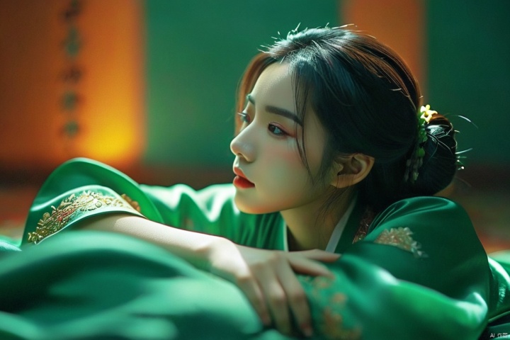 professional 3d model cinematic still a girl in green hanfu,laying down,indoors. emotional, harmonious, vignette, 4k epic detailed, shot on kodak, 35mm photo, sharp focus, high budget, cinemascope, moody, epic, gorgeous, film grain, grainy. octane render, highly detailed, volumetric, dramatic lighting, advanced light, magical, atmosphere, beautiful, great composition, dynamic, ambient, lively, intricate, full color, perfect background, best, created professional, vivid, creative, positive, joyful, unique, awesome, aesthetic, pure, symmetry, clear, artistic, surreal, inspired, whole colors, illuminated, extremely colorful, iconic