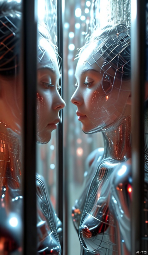  1girl,Beautiful woman in a Mirror World: Reflective, crystalline realm with endless mirrors, elegant woman with a graceful and serene demeanor, her image multiplied and fragmented in the mirror maze, soft and ambient lighting creating a mysterious allure, harmonious color palette with reflective surfaces casting subtle prismatic effects,(wind:1.2)
