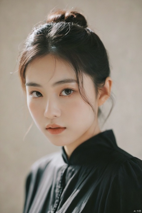  Surreal,film photography aesthetic,vintage aesthetic,A soft-focus portrait, a young Asian woman, delicate features, large expressive eyes, a gaze directly engaging the viewer, hair styled in a messy bun, sheer black attire allowing a hint of skin, natural light casting a warm glow, subtle high-key tones, emphasis on innocence and allure, ethereal and dream-like aesthetic, gentle blur imparting a sense of intimacy and softness, composition highlighting the subject's upper body and face, minimalist background ensuring focus remains on the woman's visage and poise.,