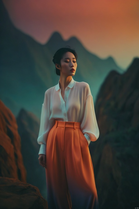  1 young chinese woman oversized pants gradient dream-like,eerie,ethereal,landscapes,magic,photography,photography-color,shallow-depth-of-field by TJ Drysdale Charles Robinson,