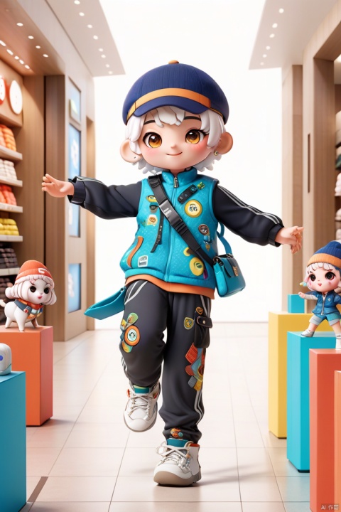 (chibi:1.5), a cute little Bichon Frise (anthropomorphic) wearing stylish clothes ( clothe and hat, athleisure pants,white shoes) runing in a shopping mall, facing the camera and smiling, Happy bouncing,outstretched arms, hyperdetailed intricately detailed, fantastical, intricate detail, complementary colours, fantasy, concept art, 8k resolution