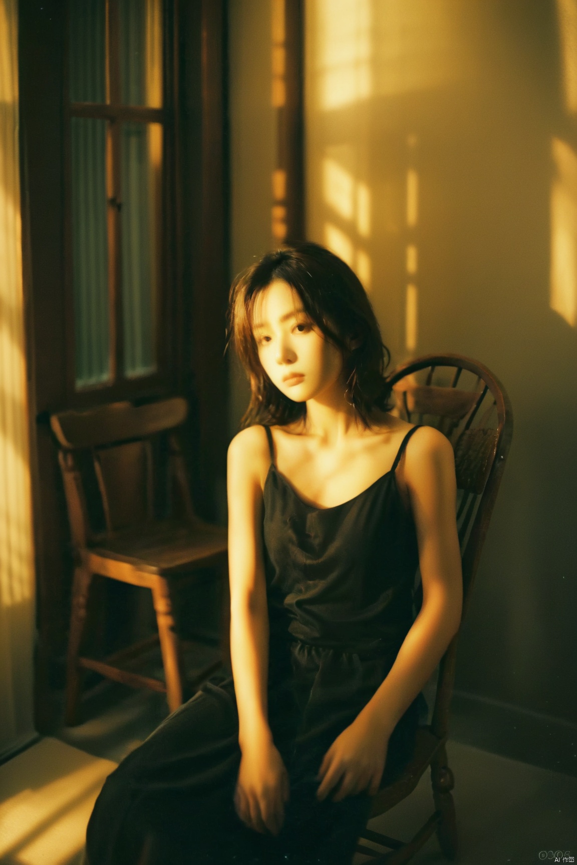  best quality,film grain,1girl, candlelight, moody lighting, dark atmosphere, black **** top, seated, wooden chair, contemplative expression, indoors, night, shadows, window blinds, soft focus, warm color tones, vintage look, young *****, serene, elegant, mysterious, angle fisheye, Professional, film grain