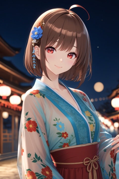  masterpiece,best quality,illustration,ultra detailed,hdr,Depth of field,(colorful),artist mmd,night,1girl,solo,red eyes,looking at viewer,hair ornament,short hair,upper body,brown hair,blurry,ahoge,bangs,see-through,depth of field,hanfu,smile,floral print,closed mouth,