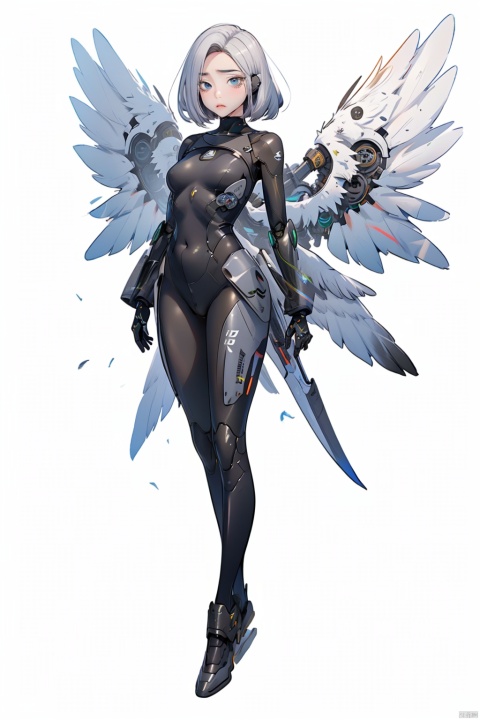 robot girl, 1girl, solo, wings,mecha musume, mechanical wings, white hair, full body, looking at viewer, heterochromia, science fiction,breasts, blue eyes, robot joints, bodysuit, joints, feathered wings, medium breasts, closed mouth, white background, standing, android