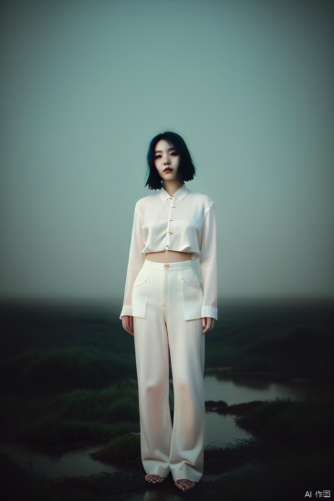  1 young chinese woman oversized pants gradient dream-like,eerie,ethereal,landscapes,magic,photography,photography-color,shallow-depth-of-field by TJ Drysdale Charles Robinson,