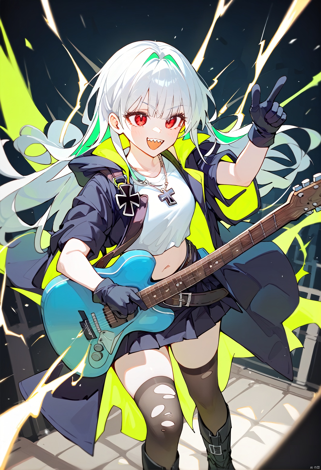 score_9, score_8_up, score_7_up, masterpiece, best quality,1girl, solo, instrument, thighhighs, belt, guitar, black footwear, gloves, black gloves, boots, long hair, pointing up, navel, coat, electric guitar, pointing, diffraction spikes, jewelry, arm up, belt buckle, black background, open coat, skirt, cross, buckle, open mouth, standing, x, pouch, teeth, necklace, black coat, torn clothes, white hair, open clothes, green hair, electricity, multicolored hair, black skirt, holding guitar, belt pouch, red eyes, upper teeth only, cross necklace, black hair, sunglasses, black thighhighs, iron cross, green trim, v-shaped eyes, torn thighhighs, midriff, smile, sharp teeth, amplifier, holding instrument, zettai ryouiki, holding
