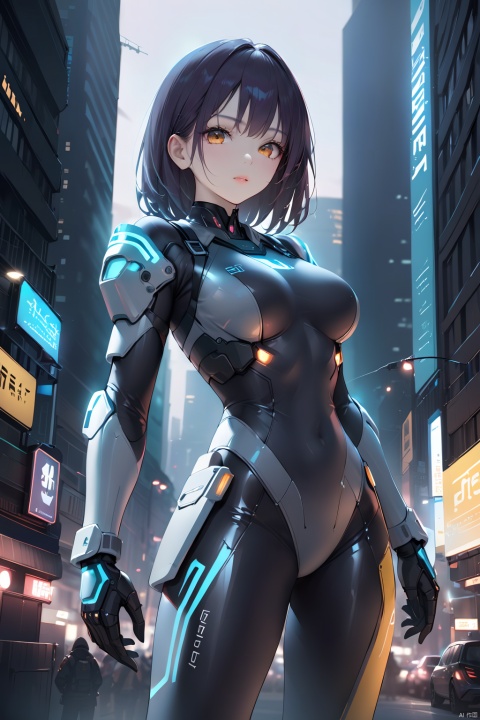  1girl,Future style gel coat,Future Combat Suit,armor,blurry background,bodysuit,breasts,building,Glowing Clothing,Shoulder mecha,Oblique lateral body,Above the knee,Grey gel coat,Upper body,Clothing with multiple light sources,city,cowboy shot,cyberpunk,depth of field,looking at viewer,medium breasts,realistic,science fiction,solo,standing