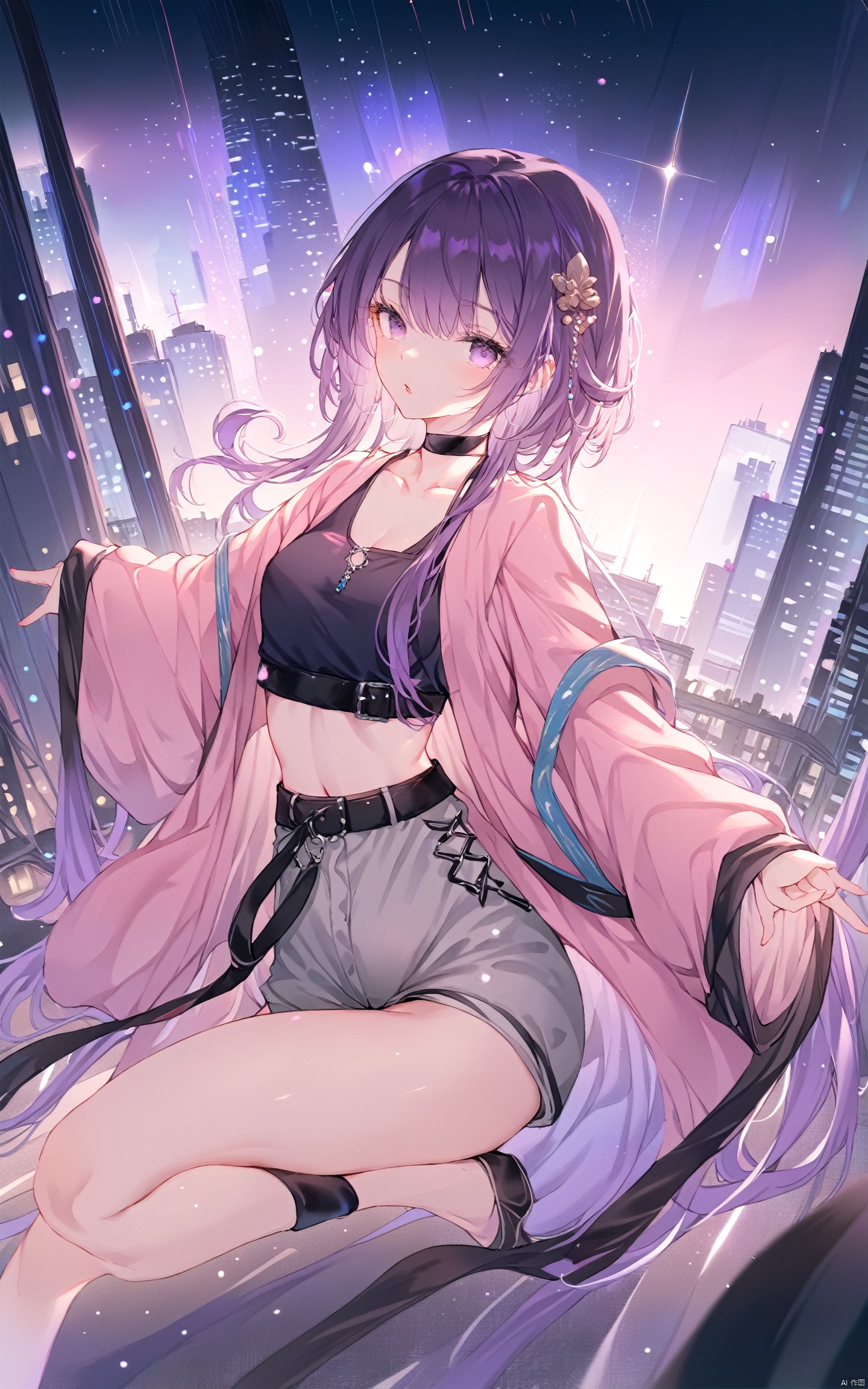  (masterpiece), (best quality), illustration, ultra detailed, hdr, Depth of field, (colorful), 1girl, solo, shorts, belt, multicolored hair, jacket, streaked hair, purple hair, parted lips, open clothes, looking at viewer, short shorts, short hair, night, choker, open jacket, pink jacket, purple eyes, grey shorts, shirt, long sleeves, bangs, **** top, collarbone, building, black belt, black choker, belt buckle, buckle, city, outdoors, sleeves past wrists, purple jacket, outstretched arms, skyscraper, cityscape, feet out of frame, small breasts,chinese_clothes