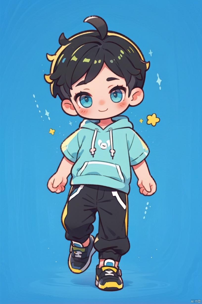  ,(1little boy is happy),A baby boy,black short hair.his hoodie and pants，full body，cyan eyes，blue background，(cute:1.2)