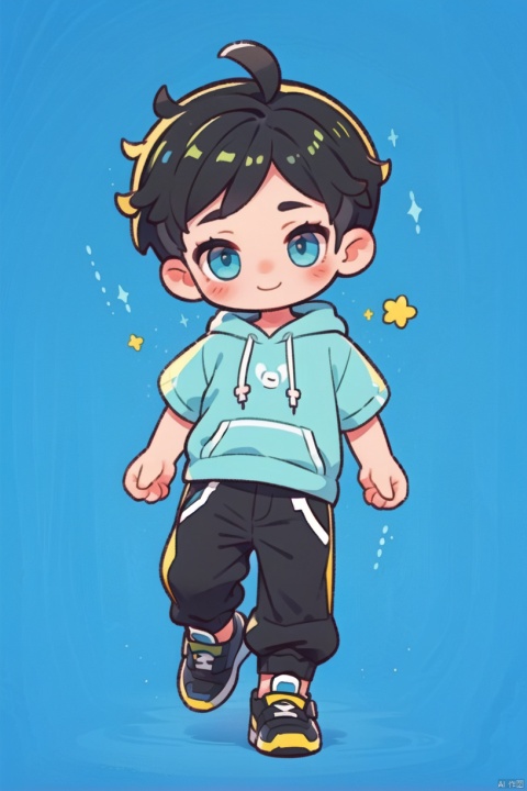  ,(1little boy is happy),A baby boy,black short hair.his hoodie and pants，full body，cyan eyes，blue background，(cute:1.2)