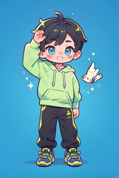  ,(1little boy is happy),A baby boy,black short hair.his hoodie and pants，full body，cyan eyes，blue background，(cute:1.2)