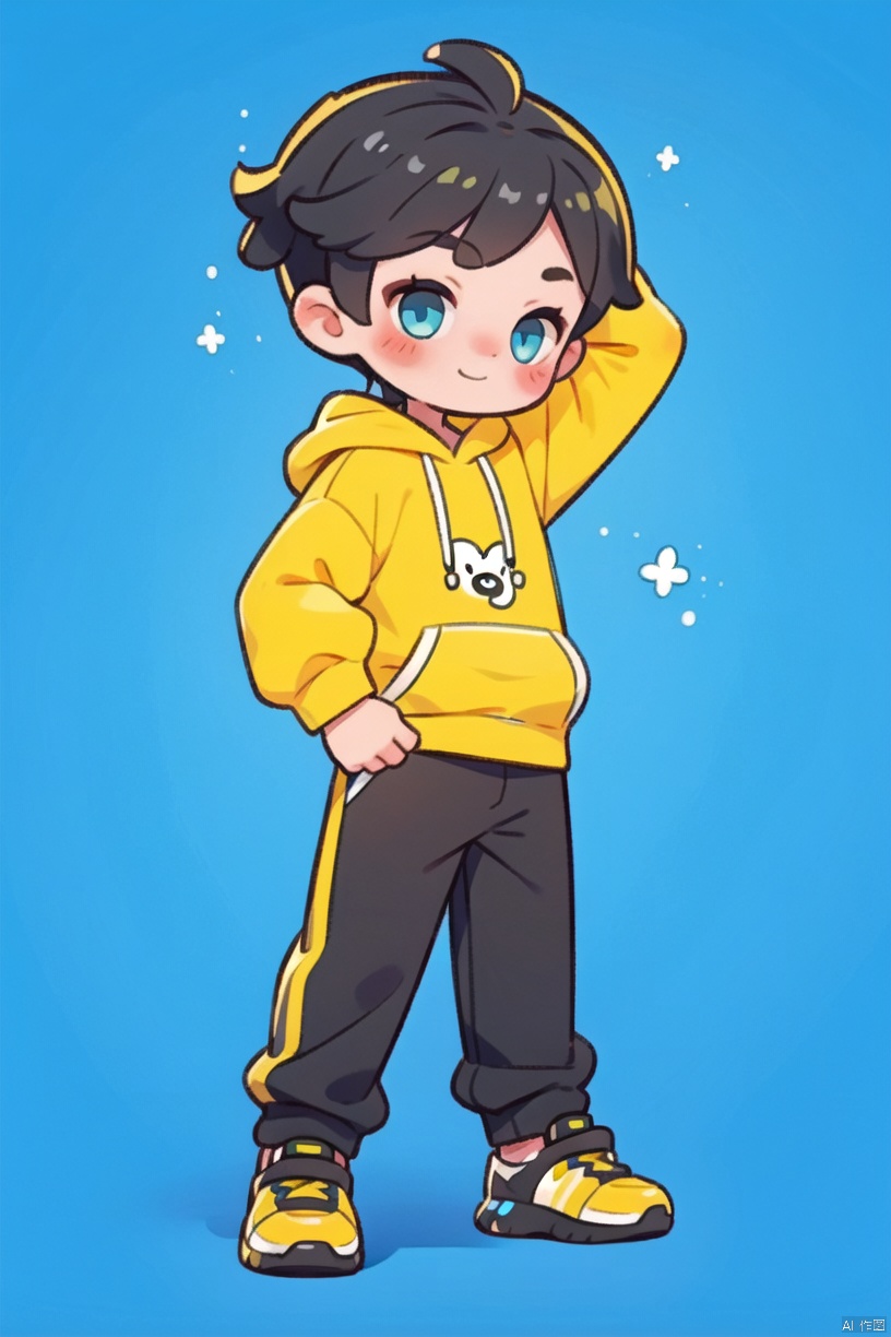  ,(1little boy is happy),A baby boy,black short hair.his hoodie and pants，full body，cyan eyes，blue background，(cute:1.2)