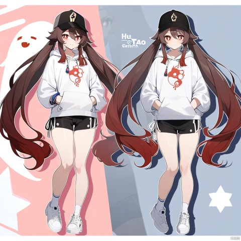 masterpiece, best quality,1girl, hu tao (genshin impact),multiple views,zoom layer, hat, shorts, long hair, solo, shoes, black shorts, twintails, full body, jewelry, hood, hoodie, baseball cap, white hoodie, red eyes, sneakers, very long hair, earrings, short sleeves, looking at viewer, standing, symbol-shaped pupils, brown hair, drawstring, flower, white footwear, hands in pockets, alternate costume, character name, closed mouth, black headwear, short shorts, ribbon, bangs, socks, hair ribbon, black hair, smile, hood down, hair ornament, shirt, casual, red flower, flower-shaped pupils, hair flower, bracelet, bare legs, star (symbol), white shirt, plum blossoms, contemporary, blue ribbon, copyright name, gradient hair, multicolored hair, boo tao (genshin impact)
