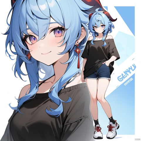 masterpiece, best quality,1girl, ganyu (genshin impact), blue hair, solo, horns, shorts, black shorts, shoes, smile, ahoge, white footwear, blue eyes, off shoulder, looking at viewer, off-shoulder shirt, shirt, full body, long sleeves, earrings, standing, sneakers, jewelry, bangs, bare shoulders, short shorts, alternate costume, collarbone, english text, closed mouth, zoom layer, long hair, contemporary, character name, nail polish, socks, hair between eyes, goat horns, white shirt, sidelocks, casual, black shirt
