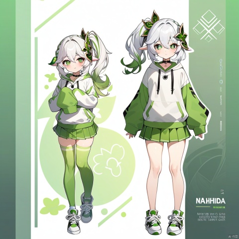 masterpiece, best quality,1girl, nahida (genshin impact), green eyes, side ponytail, skirt, thighhighs, solo, multicolored hair, long hair, white hoodie, hoodie, white hair, shoes, hood, pointy ears, green hair, zoom layer, cross-shaped pupils, gradient hair, alternate costume, pleated skirt, bangs, looking at viewer, green skirt, character name, long sleeves, symbol-shaped pupils, sneakers, drawstring, contemporary, choker, hair ornament, full body, hair between eyes, sleeves past wrists, standing, green thighhighs, ponytail, black choker, sleeves past fingers, jewelry, hood down, very long hair, english text, colored tips, miniskirt
