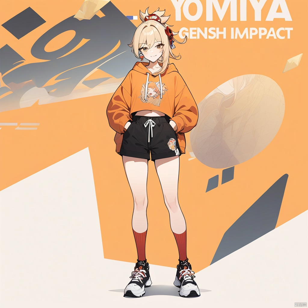 masterpiece, best quality,yoimiya (genshin impact), 1girl, hood, smile, hoodie, shorts, solo, looking at viewer, orange hoodie, black shorts, drawstring, blonde hair, grin, full body, shoes, hands in pockets, socks, hair ornament, standing, character name, earrings, hood down, bangs, sneakers, jewelry, zoom layer, ponytail, alternate costume, orange eyes, english text, long sleeves, contemporary, short shorts, casual, tattoo, hair between eyes, black socks, collarbone, sidelocks, black footwear, yellow eyes, teeth, red socks, long hair, blush
