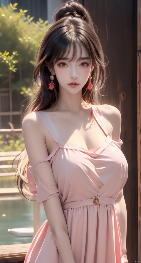  1girl,Bangs, off shoulder, colorful_hair, ((colorful hair)),golden dress, yellow eyes, chest, necklace, pink dress, earrings, floating hair, jewelry, sleeveless, very long hair,Looking at the observer, parted lips, pierced,energy,electricity,magic,tifa,sssr,blonde hair,jujingyi, wangyushan, dofas, forehead mark, (\yan yu\),rainning