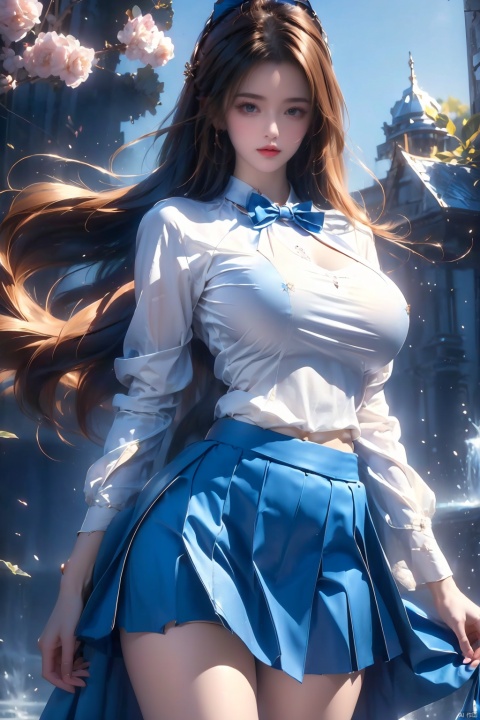 (masterpiece, best quality:1.4),finely detailed,1girl,solo,pale skin,perfect body,standing,(large breasts:1.3),Knee high boots,blue bow,blue bowtie,blue skirt,killer,school uniform,white shirt,(cowboy_shot:1.2),
