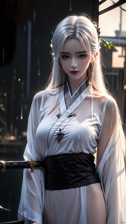  Cool theme, masterpiece, Cowboy lens, A girl, solo, Bare face, Exquisite features, Lengyan, female focus, A perfect figure, Long white hair: 1.5, (Black-Hanfu-kimono）, ((sword in hand)), Splash: 1.3, In the rain: 1.3, fine gloss, Black Background: 1.5, splash water, Contour light on the face, god rays, ray tracing, reflection light, anaglyph, motion blur, cinematic lighting, motion lines, Depth of field, Hyperrealism, 8K, best quality, textured skin, 1080P, ccurate, HD, high quality, high details