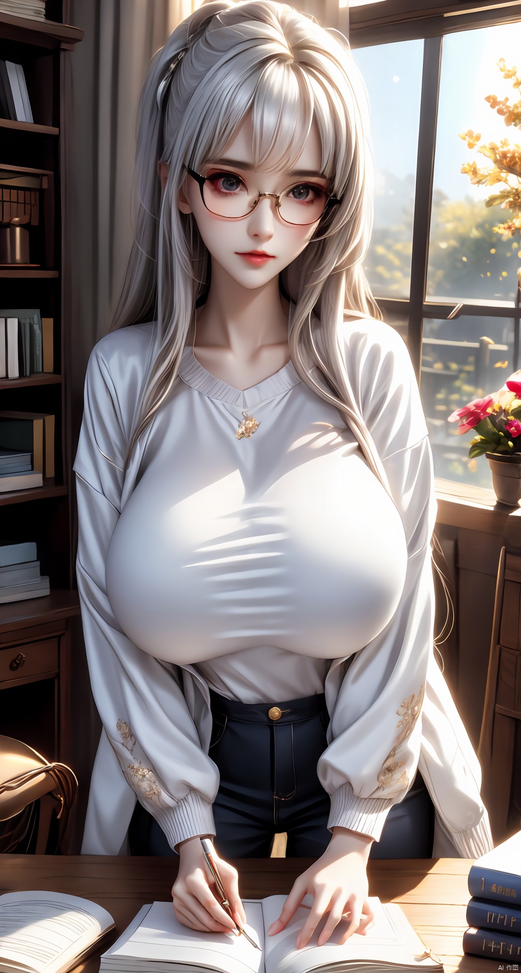  8k,(masterpiece), 1girl, solo, (white long straight hair:1.3), red eyeglasses, (mature woman:1.3), (mom:1.3), (white coat), (black sweater), sitting, writing, (looking at viewer:1.2), indoors, desk, books, window view, trees, (warm lighting), soft light, gentle light,huge breasts,closeup view, pixiv style,Japanese anime style,night,desk lamp