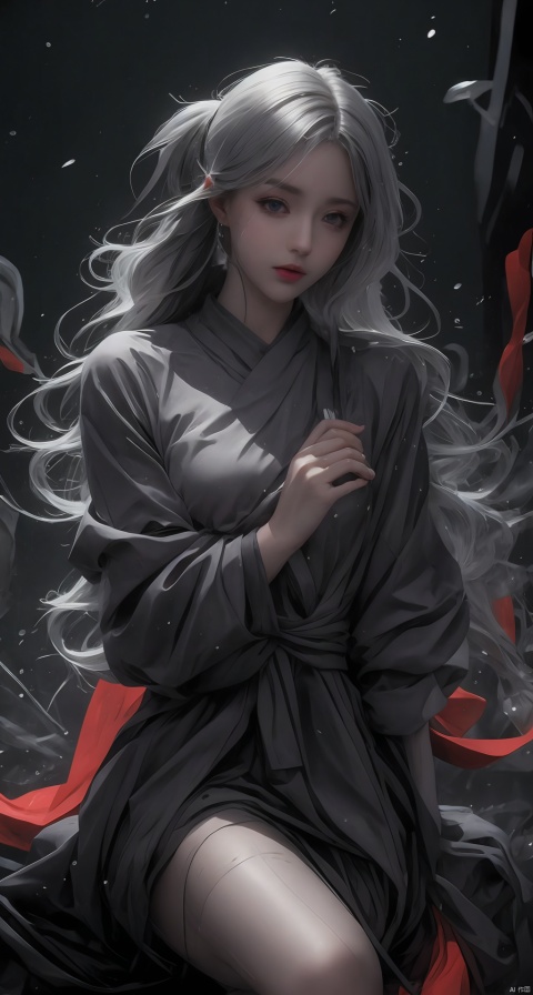  Cool theme, masterpiece, Cowboy lens,A girl, solo, bare faced, exquisite features, cool and stunning, female focus, perfect figure, white long hair, (black Hanfu kimono), (holding sword in hand), splashing, 1.3 in the rain, fine luster, black background, splashing water
