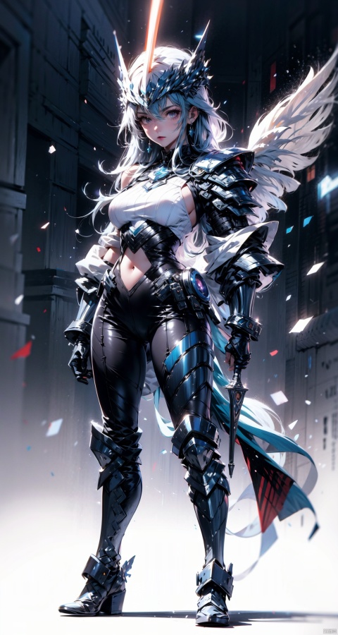  A girl in white and blue armor, in a dilapidated city, shows determination and fearless courage. She was wearing an elaborate suit of armor, a combination of white and blue that made her stand out against the gray city background. This suit of armor not only shows her nobility, but also her readiness for battle. The helmet is decorated with complex patterns, and the purple eyes are like the brightest stars in the night sky, flashing a mysterious light. Her eyes are firm and deep, as if she can see into the future, showing her persistent pursuit of victory. The girl holds an energy sword in her hand, her left hand firmly holding the hilt, her right hand gently supporting the blade, ready to strike a fatal blow at any time. The sword complements her armor, showing her great fighting power and fearless courage.
1 gril,full body,
render,technology, (best quality) (masterpiece), (highly detailed), 4K,Official art, unit 8 k wallpaper, ultra detailed, masterpiece, best quality, extremely detailed,atmospheric,highdetail,exquisitefacialfeatures,futuristic,sciencefiction,CG,low saturation,monochrome,