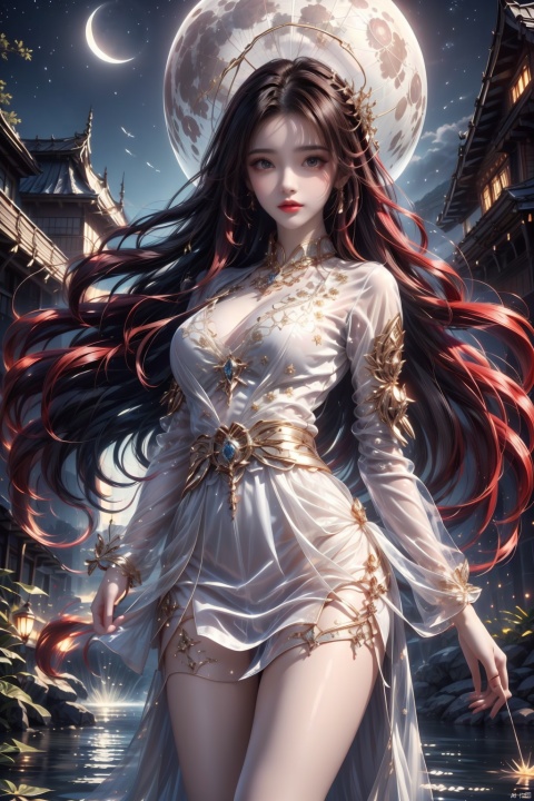  1 girl,(translucent white gauze dress:1.3), (moon), moonlight, water surface, long hair, windy,