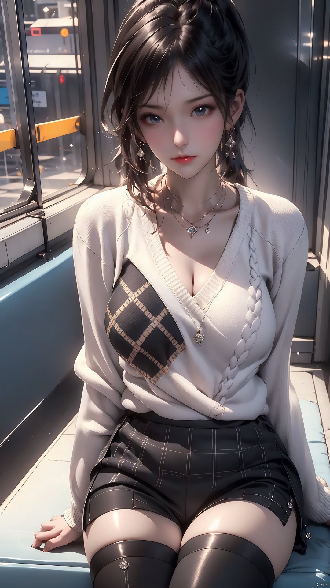  Best quality, black ponytail, (white mask 1.5), beautiful eyes, brown sweater, (patchwork diamond patterned sweater: 1.3), gray short skirt, jk, gray pleated skirt, plaid skirt, (black jumpsuit stockings: 1.2), black leather shoes, sitting on subway seats, facing the audience, carryinghandsbehindtheirthighs,迪士尼,naked breasts, white sweater, xuxin