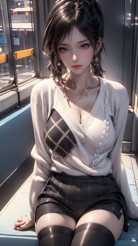  Best quality, black ponytail, (white mask 1.5), beautiful eyes, brown sweater, (patchwork diamond patterned sweater: 1.3), gray short skirt, jk, gray pleated skirt, plaid skirt, (black jumpsuit stockings: 1.2), black leather shoes, sitting on subway seats, facing the audience, carryinghandsbehindtheirthighs,迪士尼,naked breasts, white sweater, xuxin